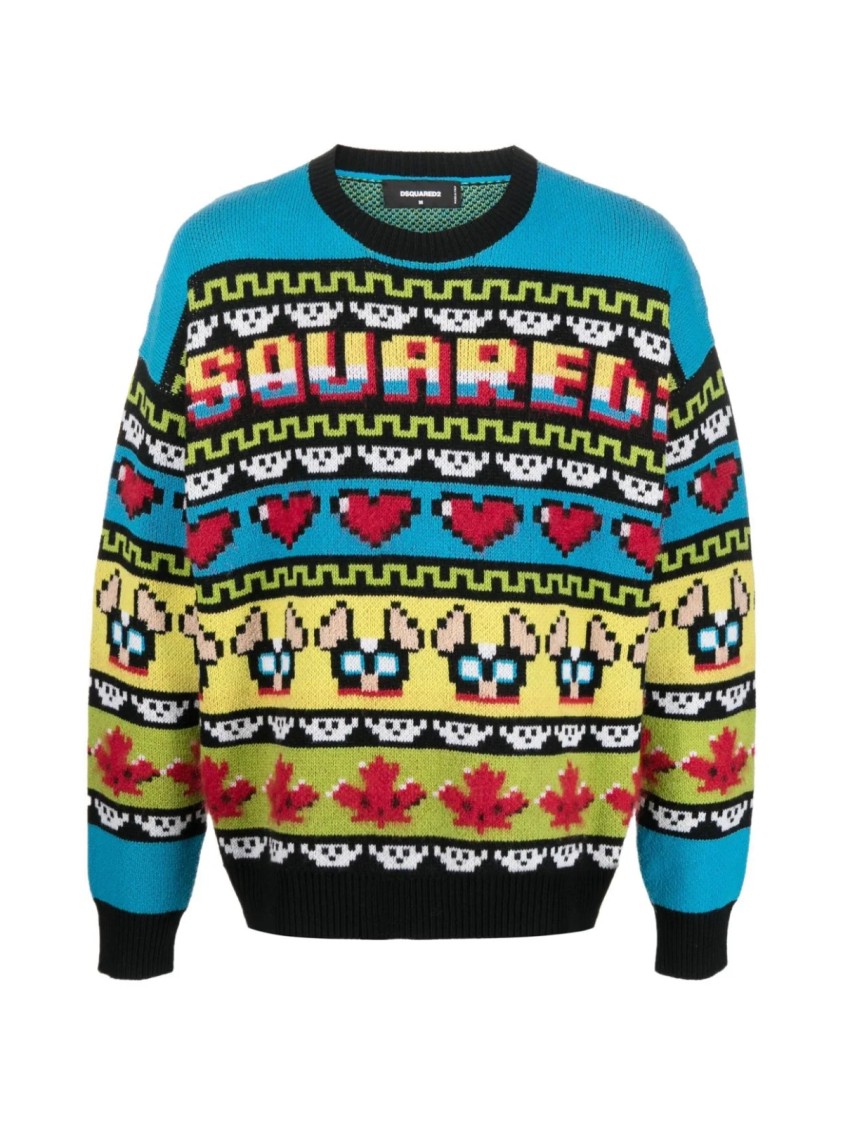Dsquared2 Mohair Blend Ciro Sweater With Graphic Embroidery In Multi