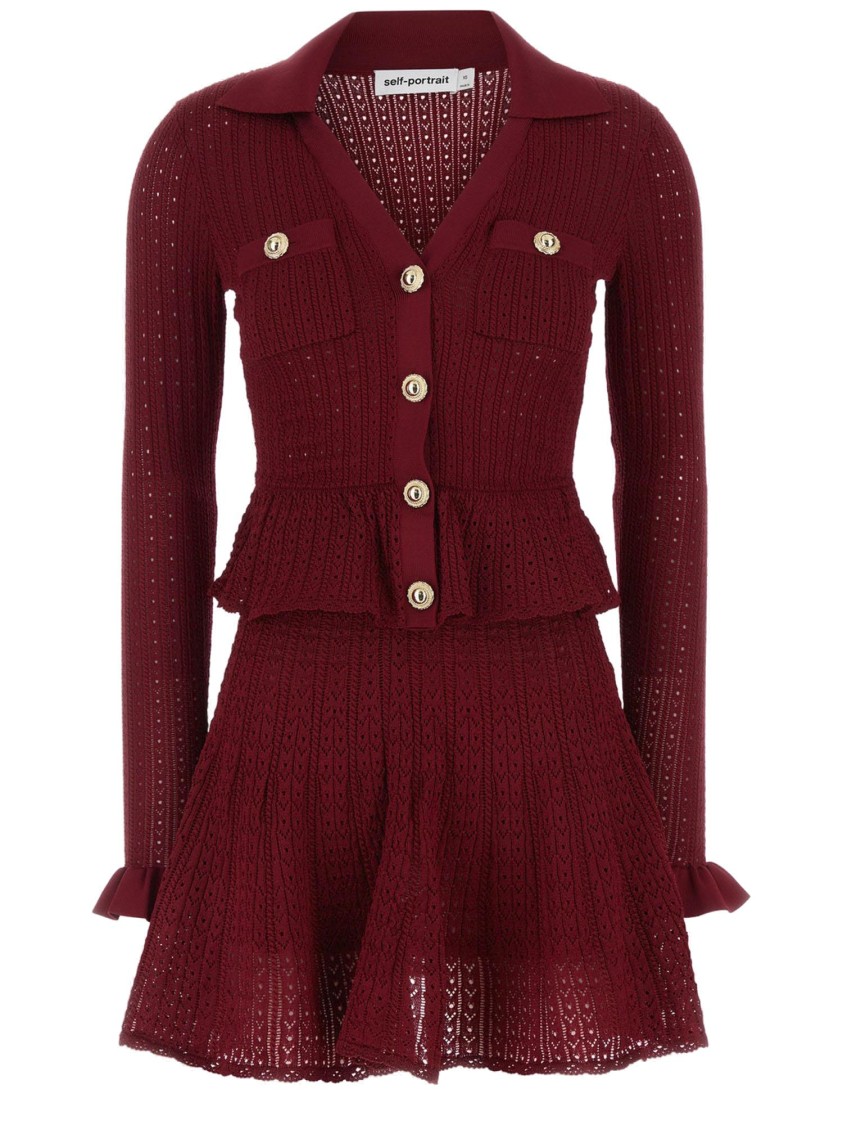 Self-portrait Burgundy Mini Dress With V-neck And Flared Hem In Red