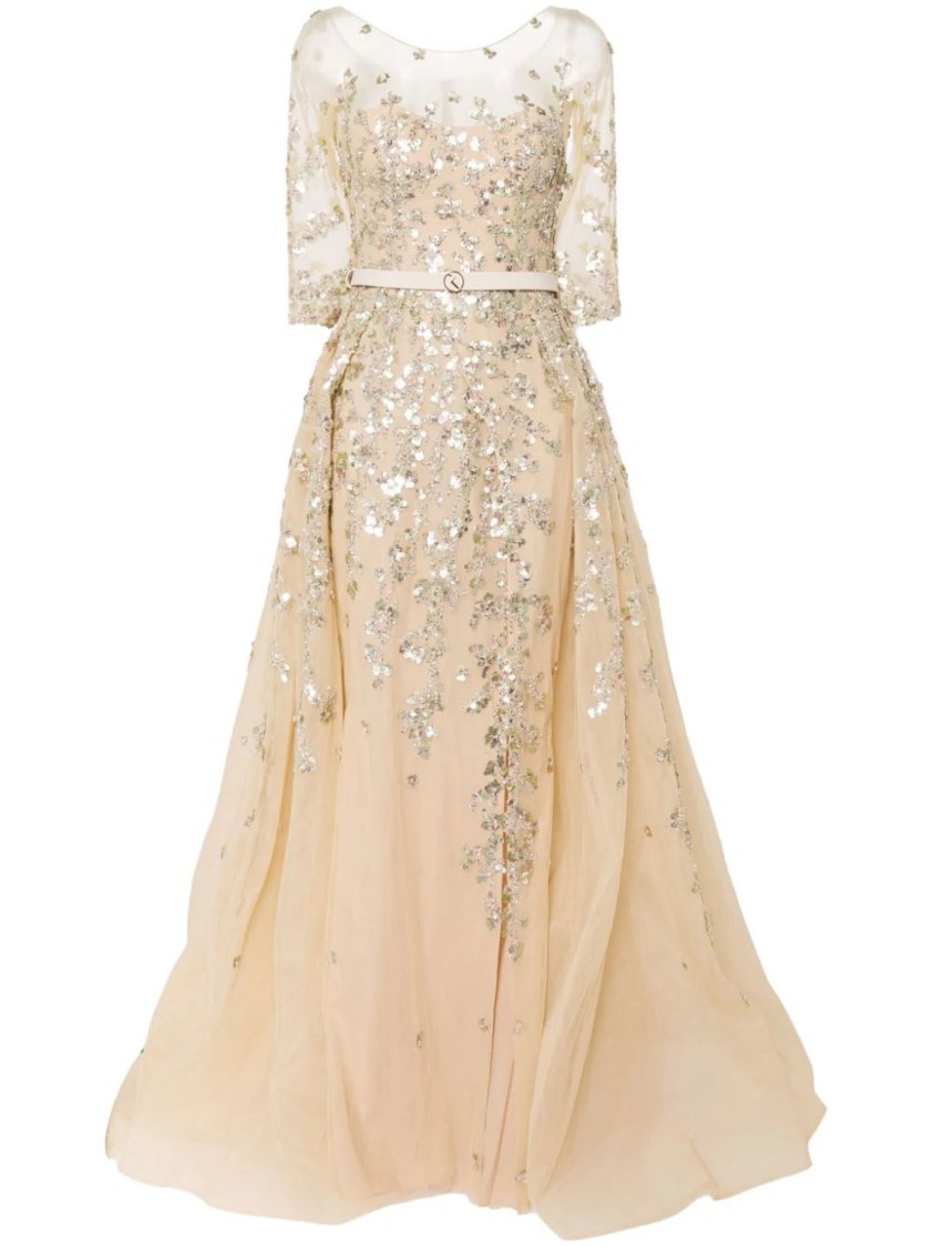 Saiid Kobeisy Tulle Beaded Dress With Envelope Skirt And Overskirt In Gold