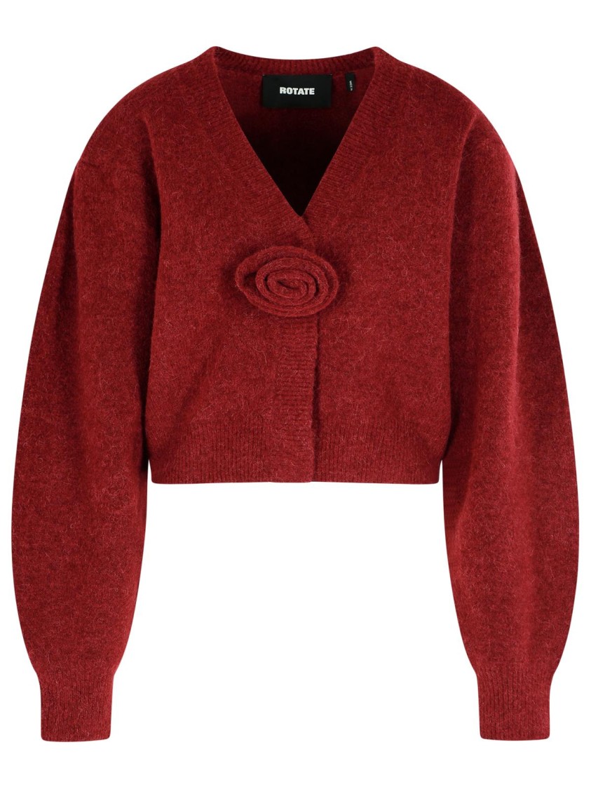 Rotate Birger Christensen Rotate Cropped Burgundy Sweater With Deep V-neckline And Floral Embellishment In Burgundy
