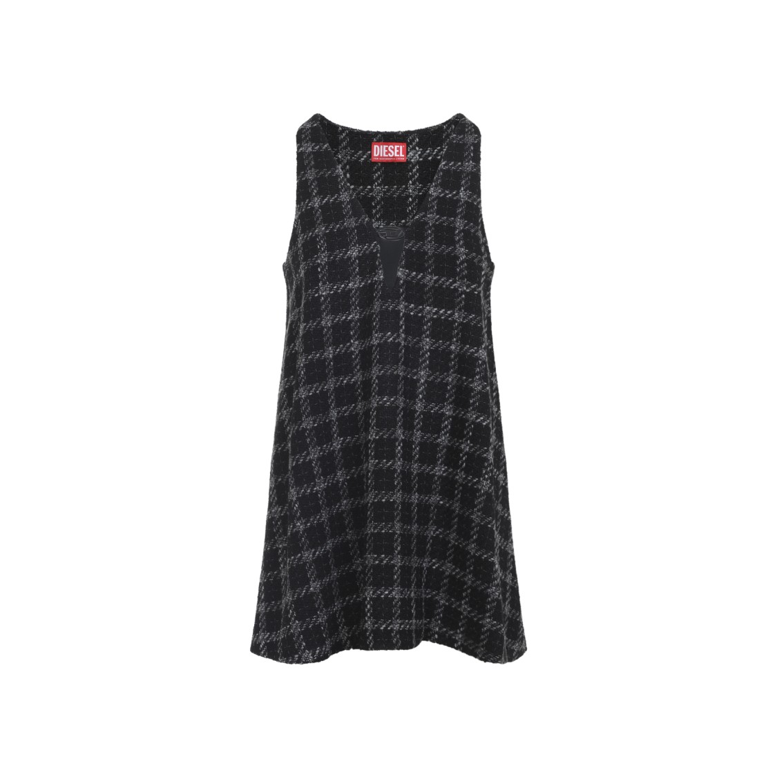 Diesel Mini Dress Checked Pattern Sleeveless V-neckline In Black