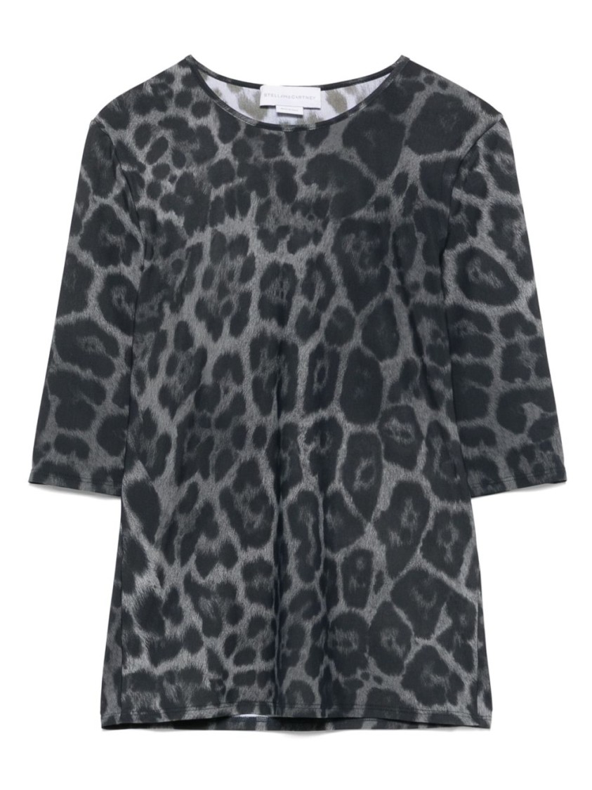Stella Mccartney Leopard Print Short Sleeve Top With Classic Crew Neck In Blue
