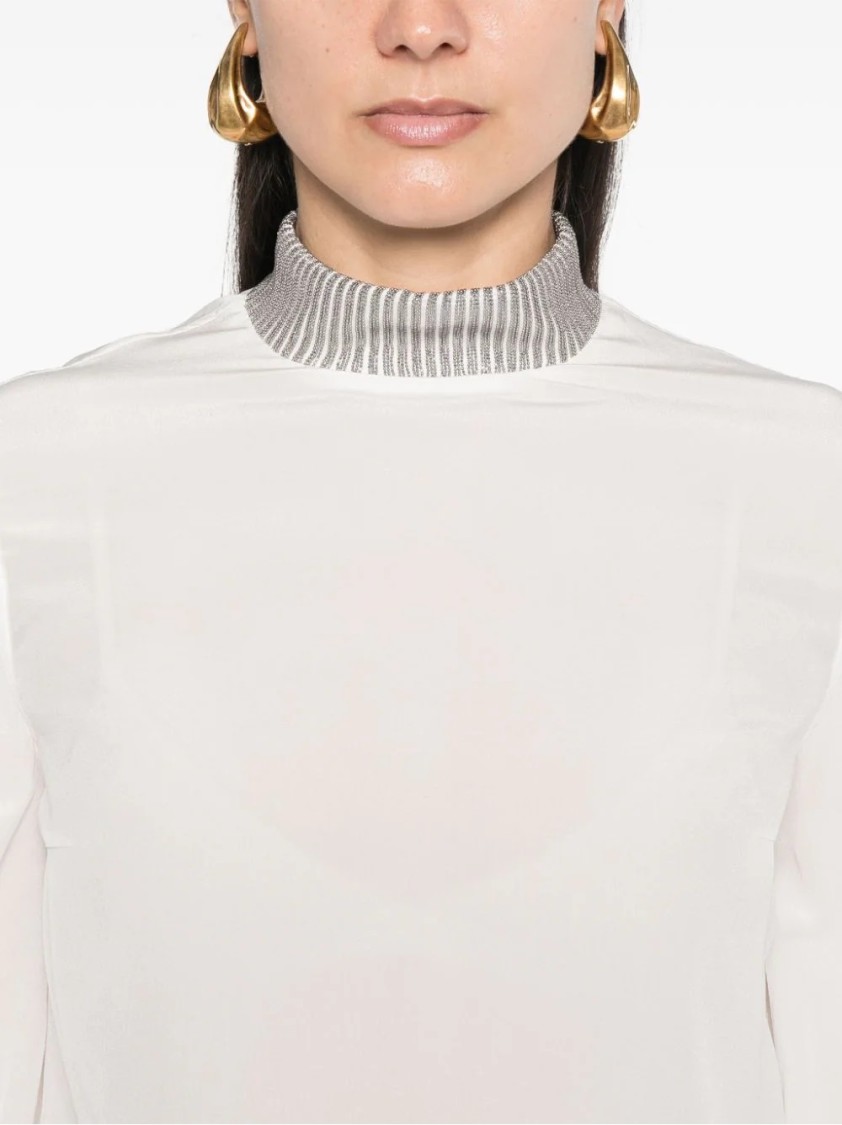 Brunello Cucinelli Long-sleeve Top With High Neckline And Shimmering Detail In White