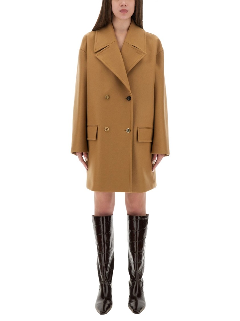 Moschino Double-breasted Wool Coat With Wide Lapel In Brown