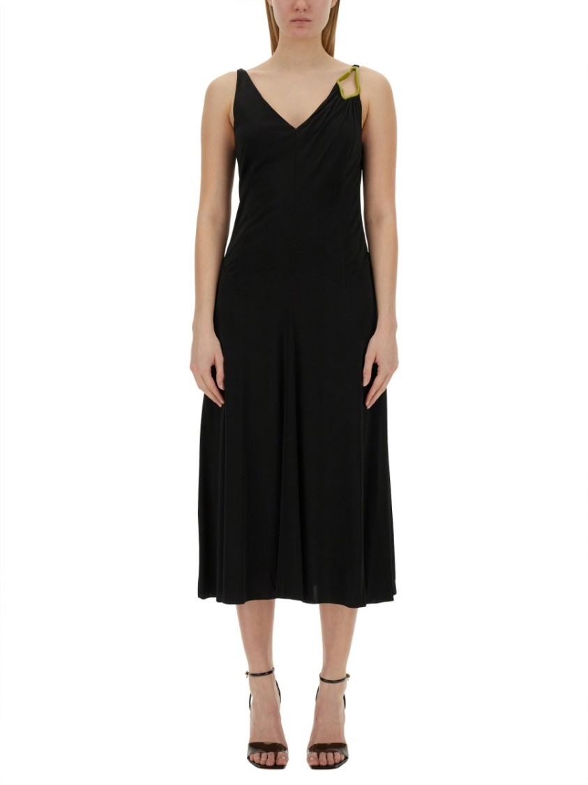 Lanvin Black Midi Dress With Asymmetrical Shoulder Detail In Black