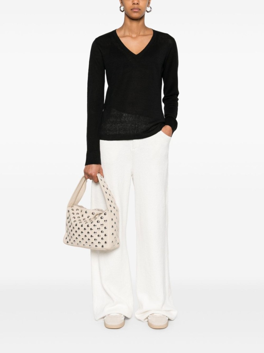 Max Mara V-neck Black Linen Sweatshirt With Cropped Hem In Black