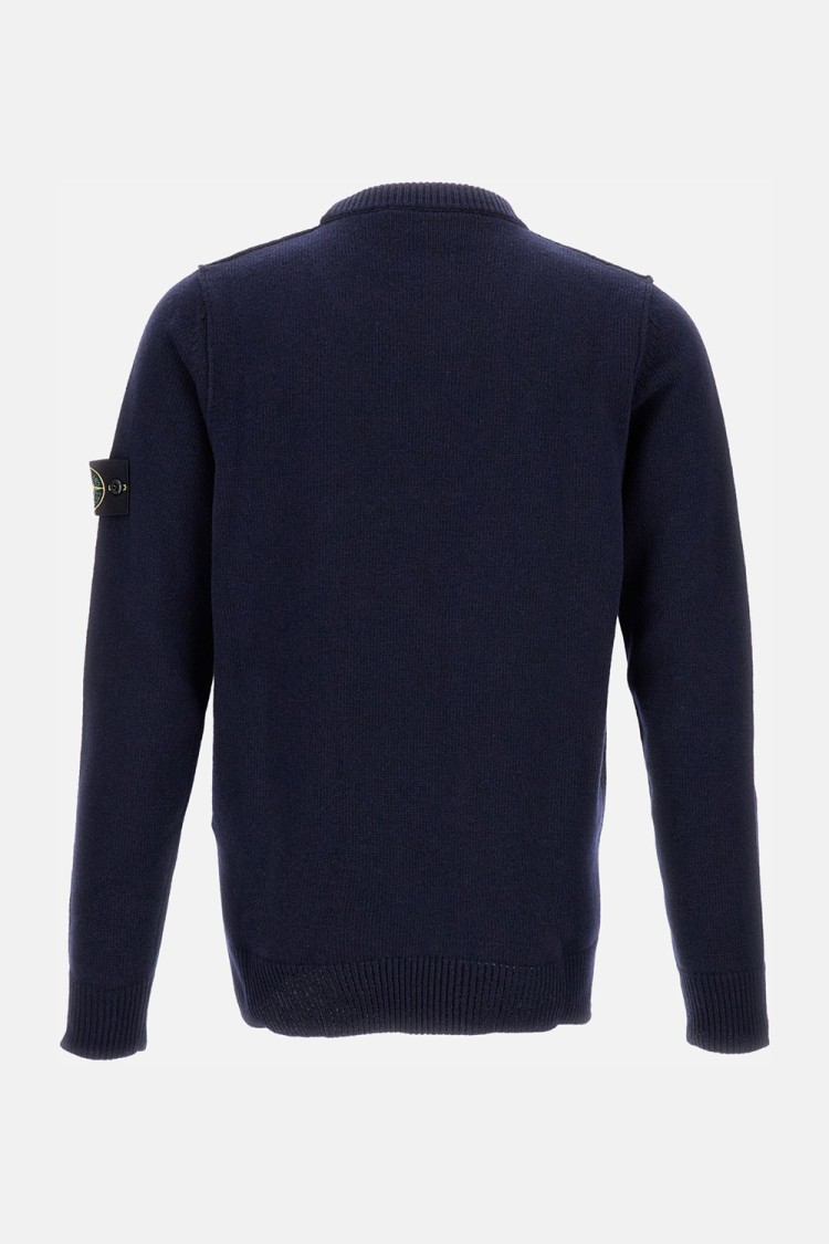 Stone Island Crewneck Knit With Ribbed Details In Blue