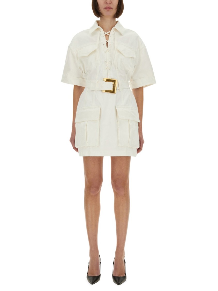 Balmain Short Dress With Belted Waist And Front Pockets In White