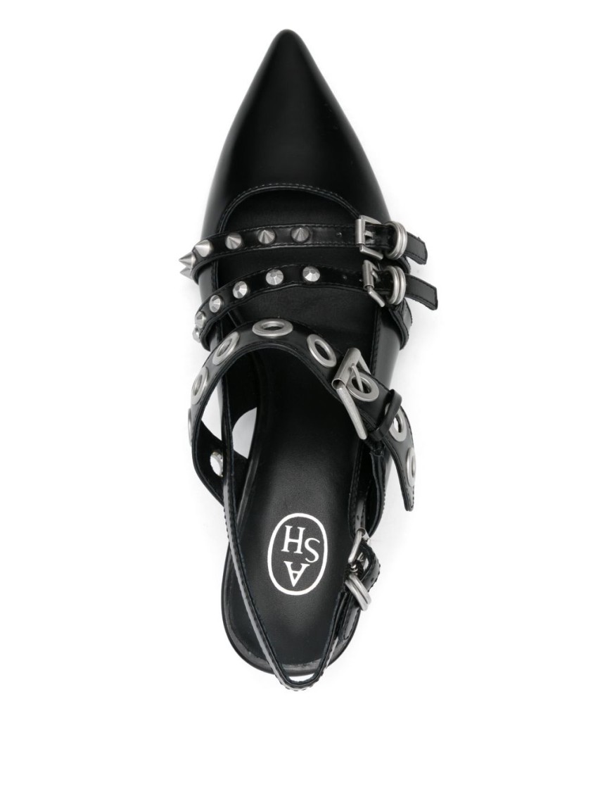 Ash Pointed-toe Slingback Heels With Metallic Eyelets And Studs In Black