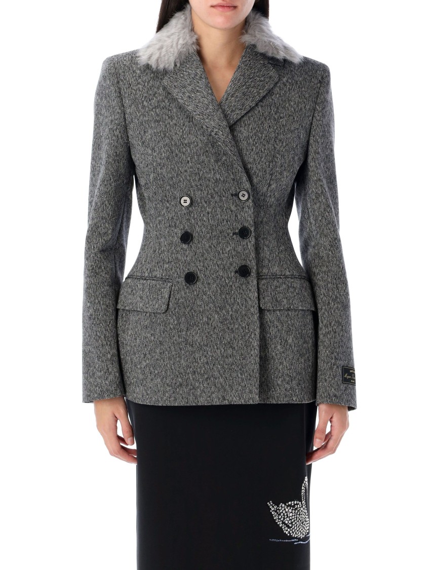 Msgm Chic Double-breasted Blazer With Removable Faux-fur Collar In Grey