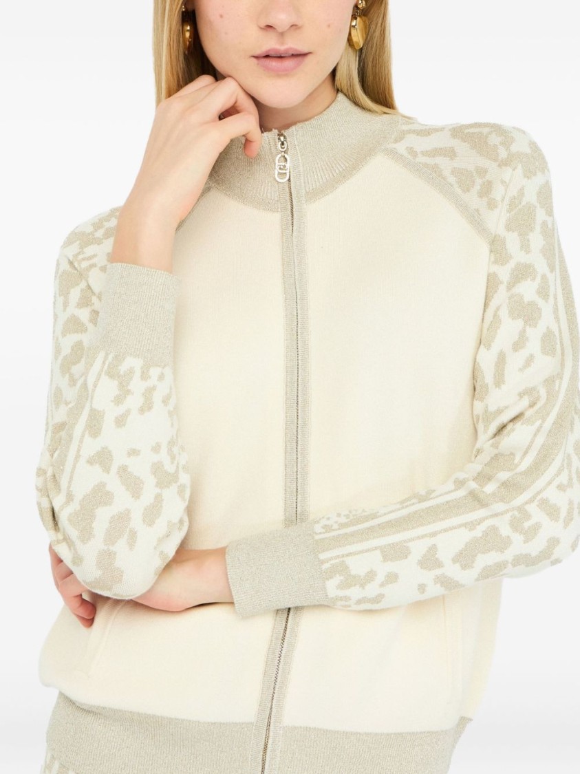 Liu •jo Liu Jo High Collar Zip-up Sweater With Subtle Leopard Print Detail In White