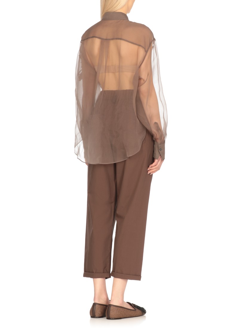 Brunello Cucinelli Brown Shirt With Semi-transparent Design And Embroidery On The Front In Silk Woman In Brown
