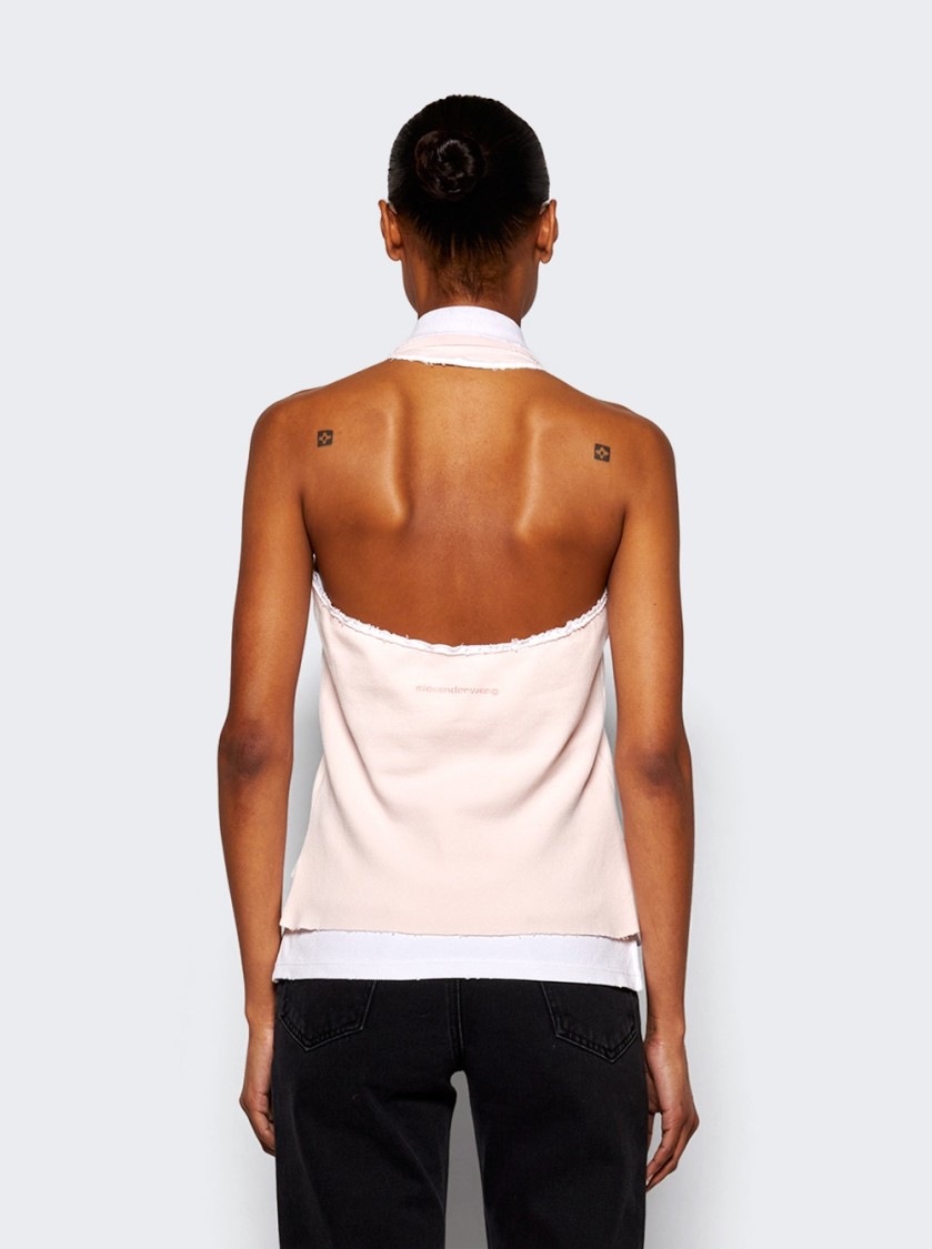 ALEXANDER WANG T T BY ALEXANDER WANG LAYERED POLO MINI HALTER TOP - BARELY PINK AND WHITE