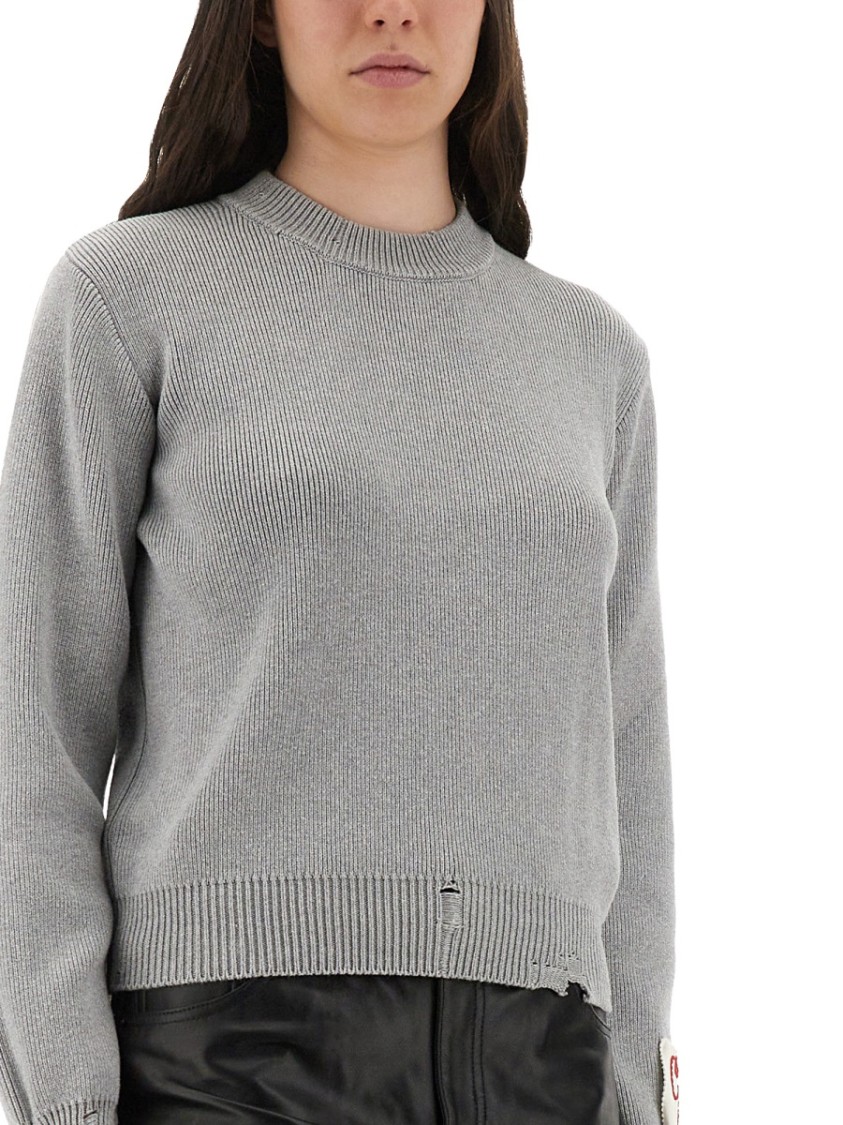 Golden Goose Ribbed Cotton Jersey Sweater With Logo Patch In Gray