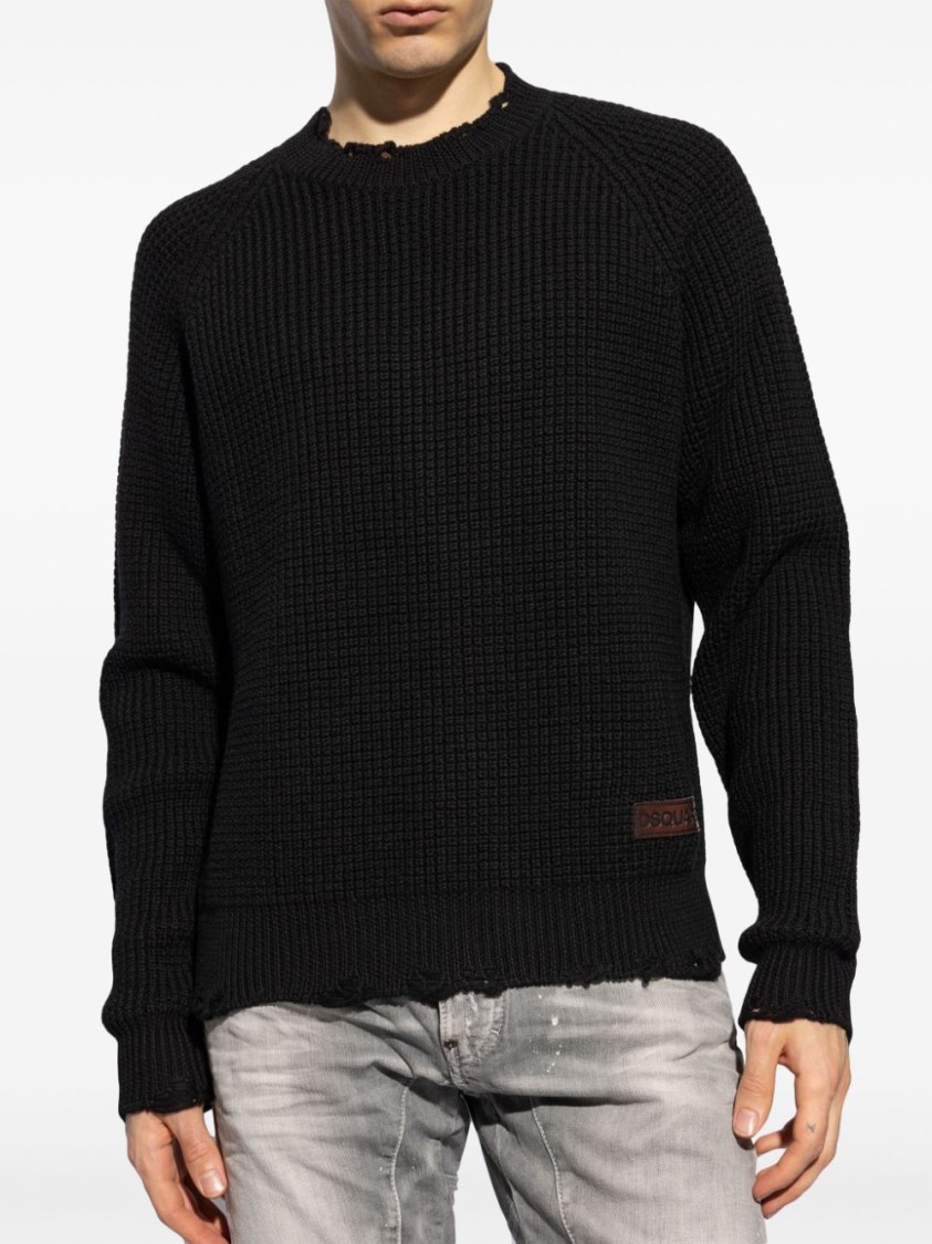 Dsquared2 Textured Knit Sweater With Raw Hem And Distressed Detailing In Black