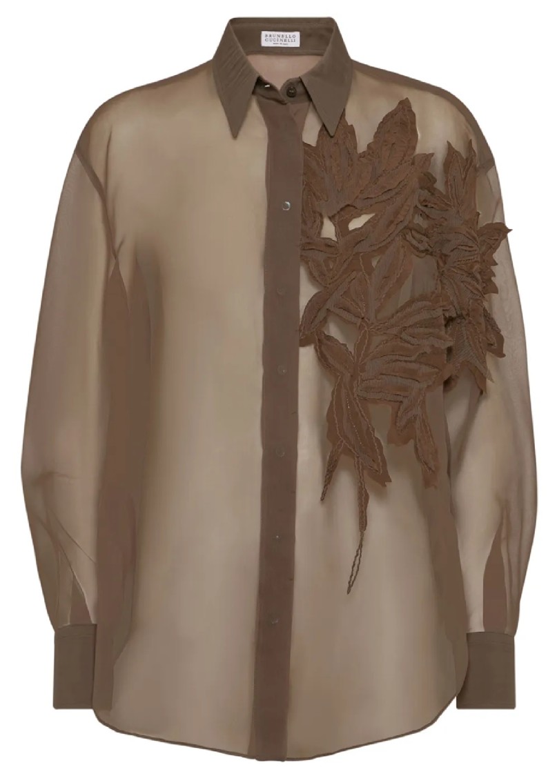 Brunello Cucinelli Brown Shirt With Semi-transparent Design And Embroidery On The Front In Silk Woman In Brown