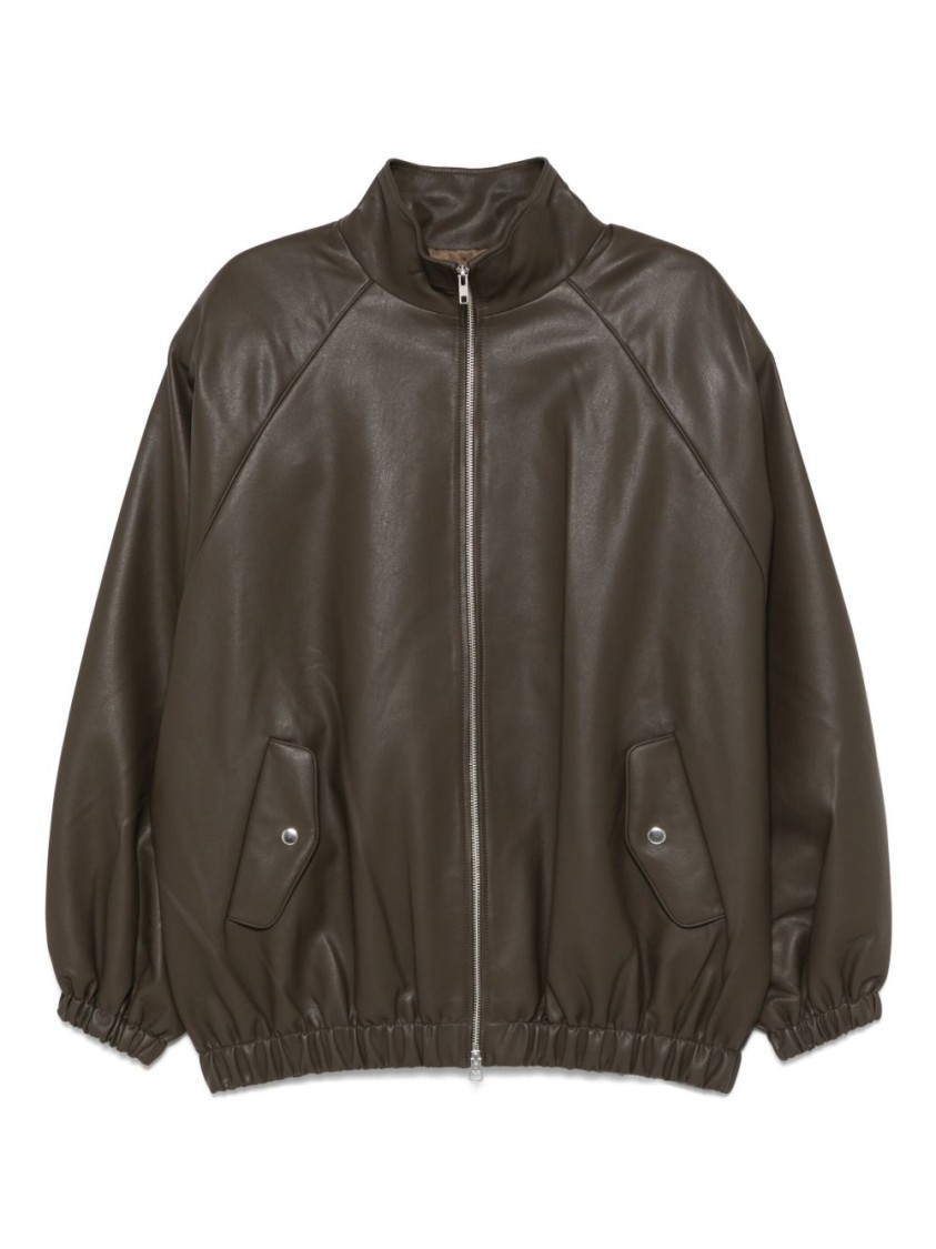 The Frankie Shop Oversized Faux Leather Bomber Jacket With Puff Sleeves In Brown
