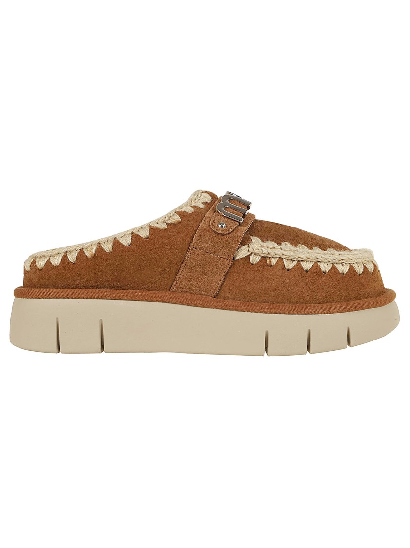 Mou Logo-lettering Crochet-trim Suede Mules In Brown