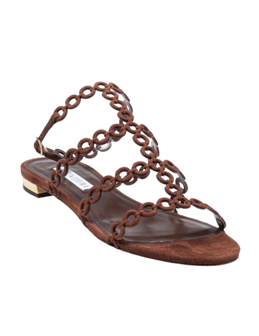 Aquazzura Infinity Chain Brown Sandals With Adjustable Strap And Buckle In Suede Woman
