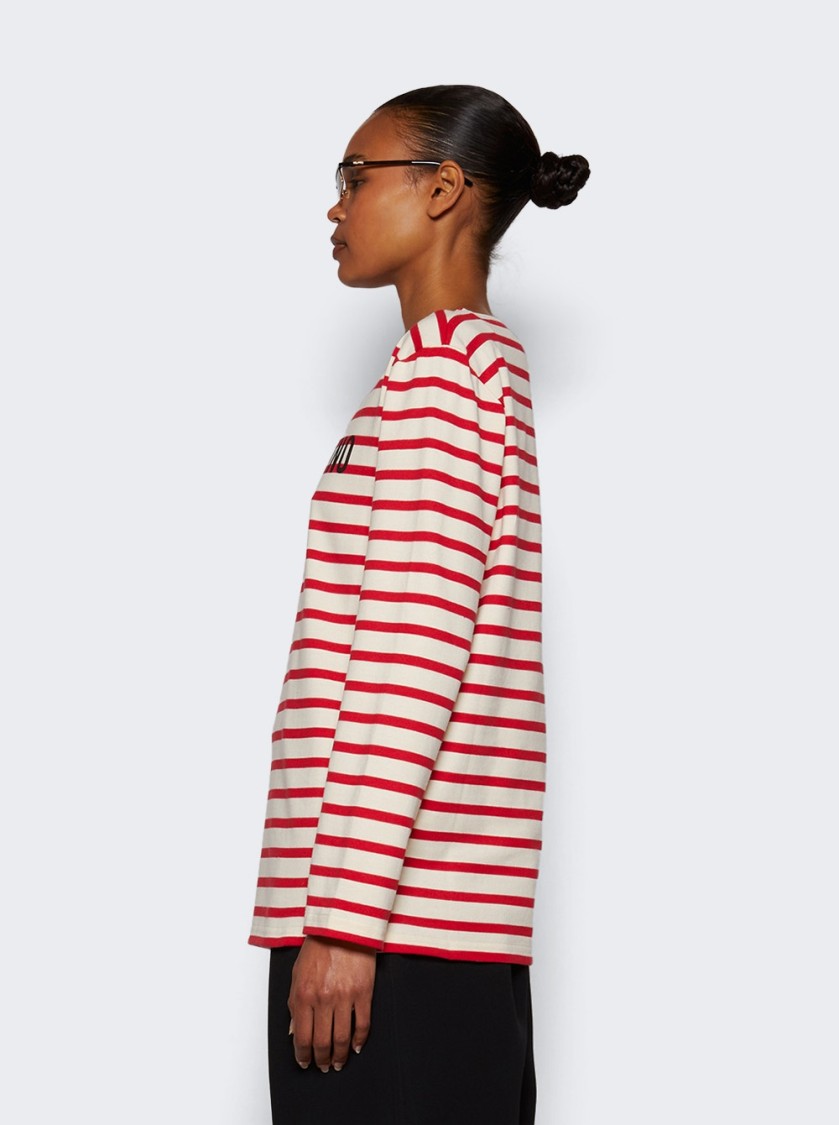 Valentino Striped Cotton Jersey Long Sleeve T-shirt Ivory And Red In Red