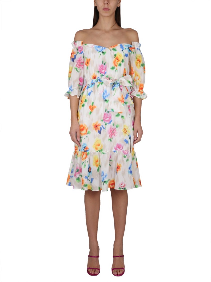 Boutique Moschino Floral Pattern Mini Dress With Boat Neckline And Balloon Sleeves In Pink