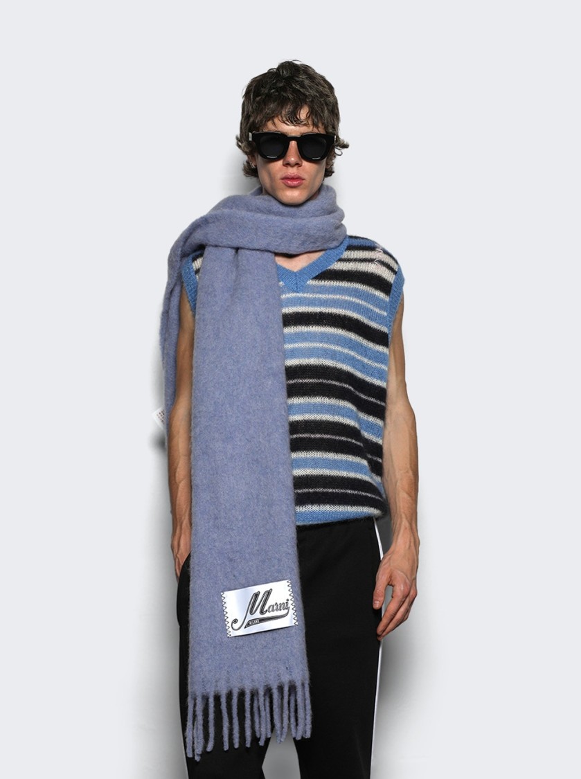 Marni Fringed Blue Scarf With Textured Finish In Blue