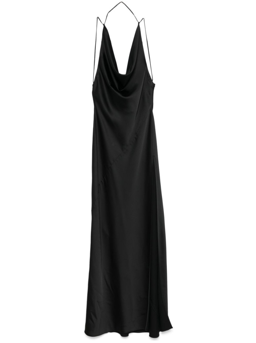 The Andamane Flowing Evening Dress With Deep Cowl Neckline In Black