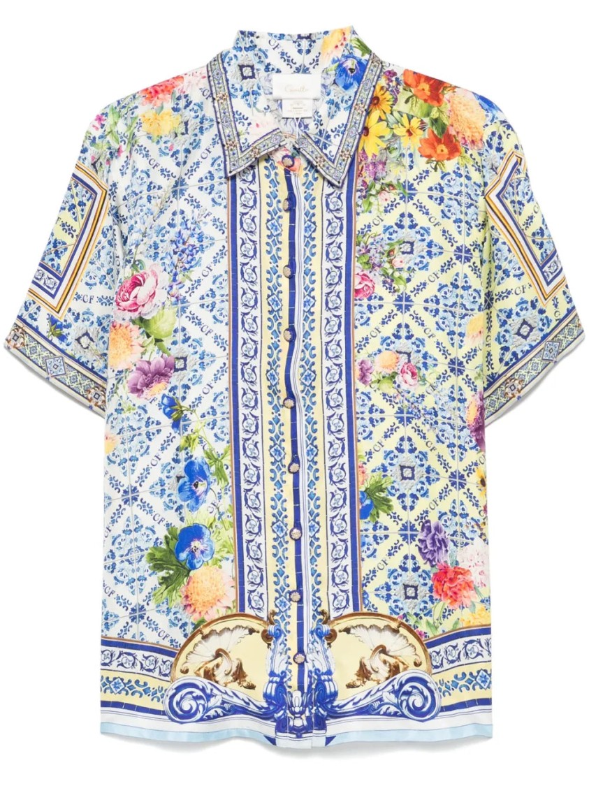 Shop Camilla Vibrant Floral Print Silk Shirt With Classic Collar