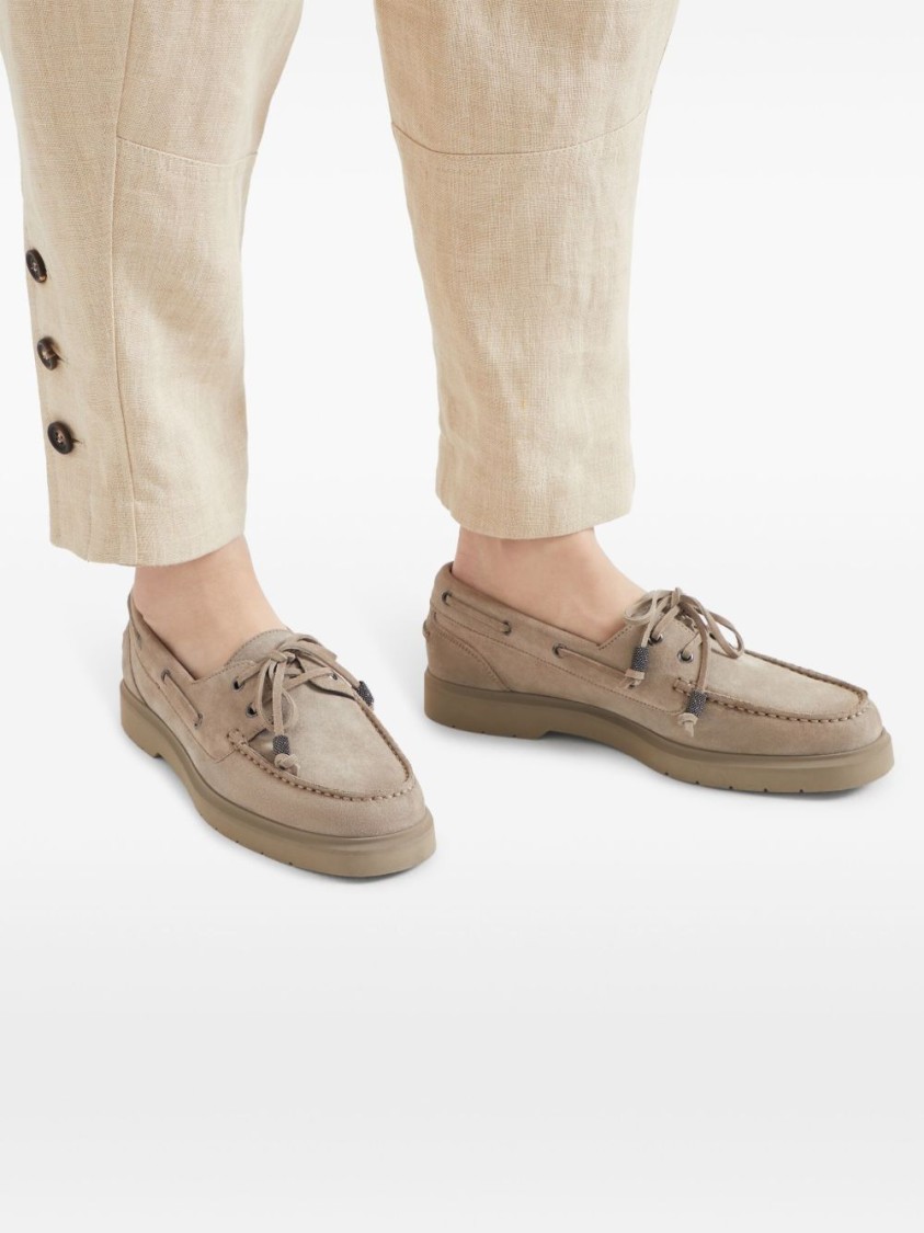 Brunello Cucinelli Soft Suede Grey Loafers With Lace-up Detail In Gray