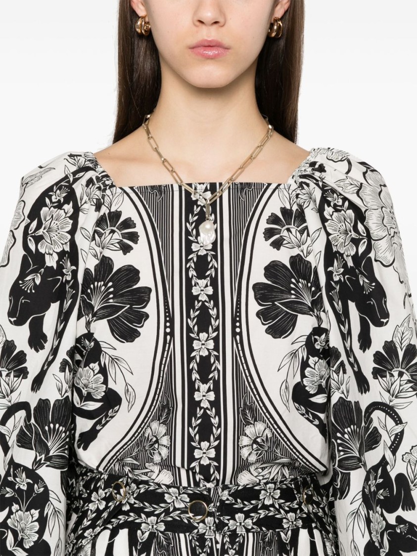 Farm Rio Placed Floral Print Long Sleeve Cotton Top In Gray