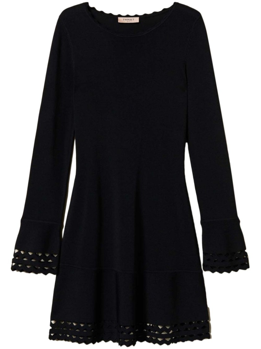 Shop Twinset Twin-set Mini Dress With Scalloped Neckline And Flared Cuffs In Black