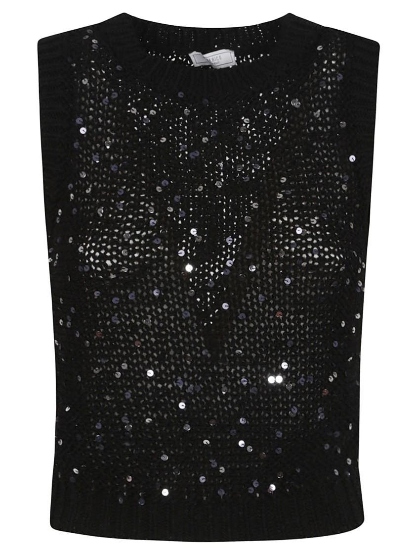 Peserico Trico Donna Sleeveless Sequin Ribbed Top In Black