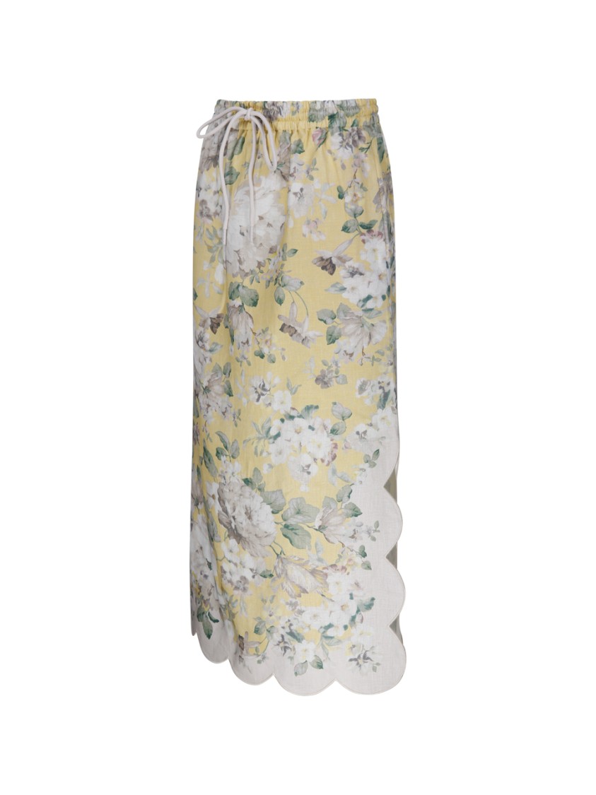 Zimmermann Acacia Scalloped Floral-print Linen Midi Skirt In Yellow