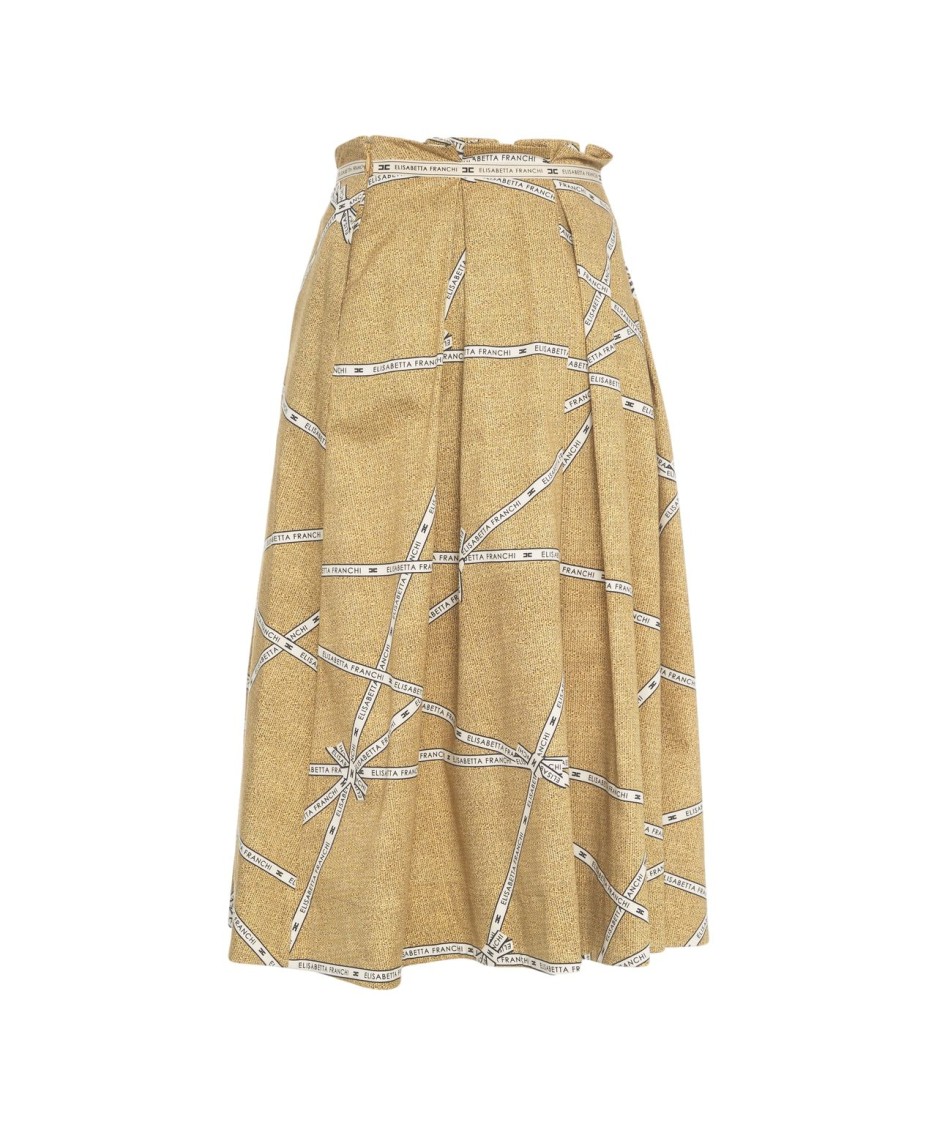 Elisabetta Franchi Pleated Midi Skirt With Wide Belted Waist In Neutrals