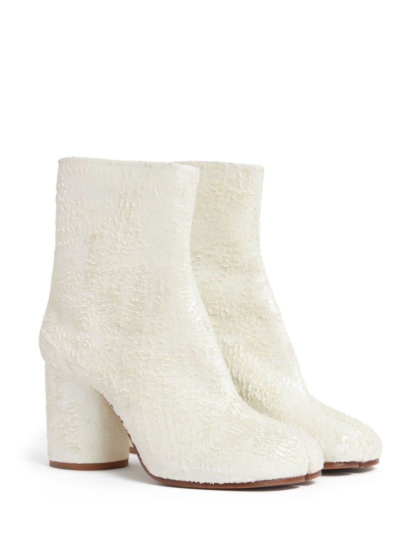 Maison Margiela Cylindrical-heel Ankle Boots In Distressed Laser-cut Suede In White