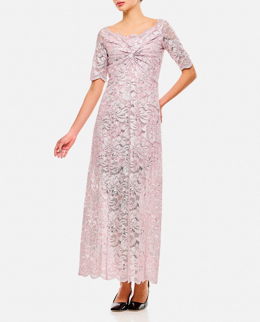 Rabanne Off-the-shoulder Twist-front Metallic Lace Maxi Dress In Silver