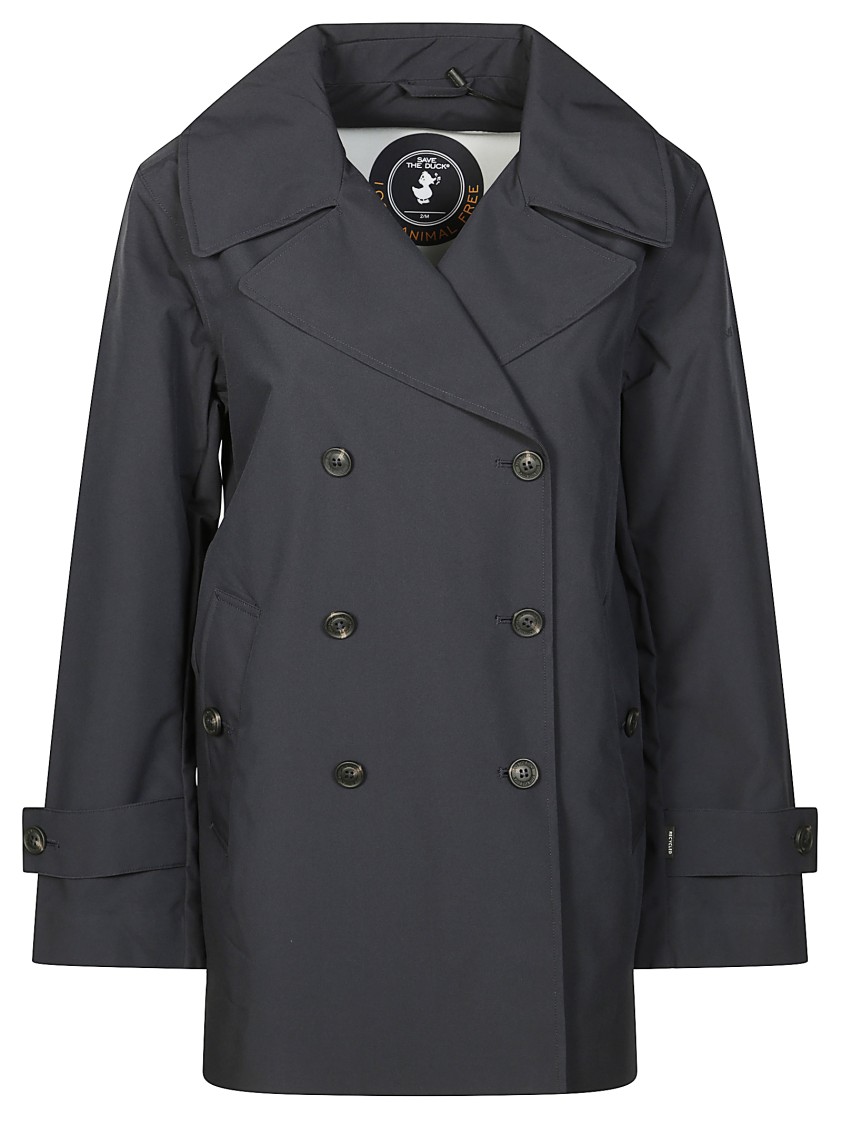 Save The Duck Double-breasted Black Trench Coat With Tailored Silhouette