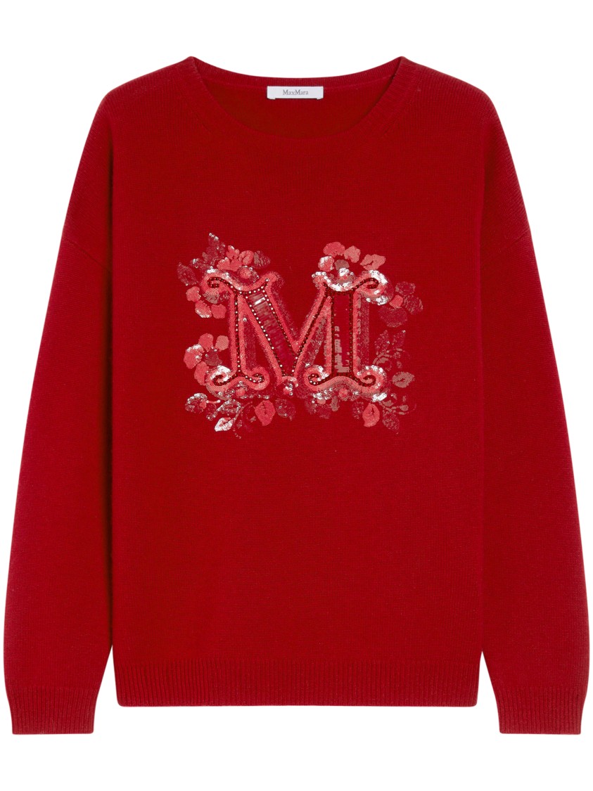 Max Mara Relaxed Fit Red Sweater With Sequin Embellished Logo In Red