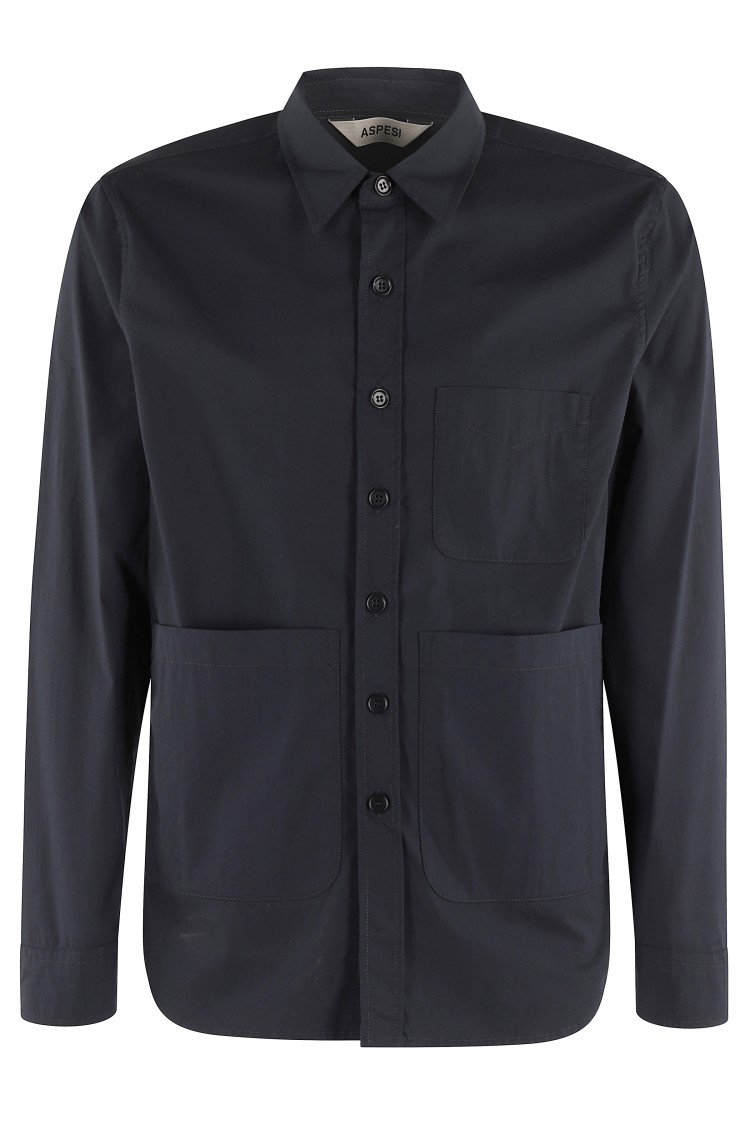 Shop Aspesi Long-sleeved Navy Shirt With Central Button Closure In Blue