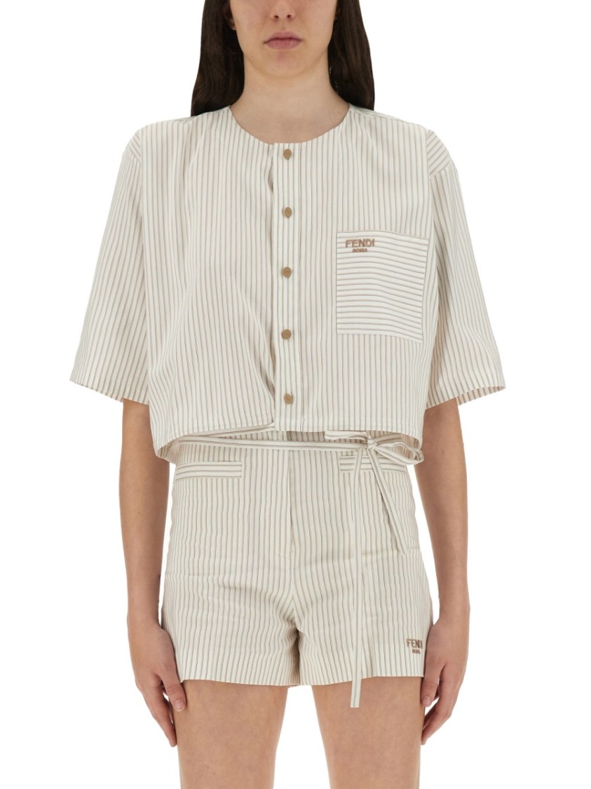 Fendi Striped Drawstring Hem Top With Chest Pocket