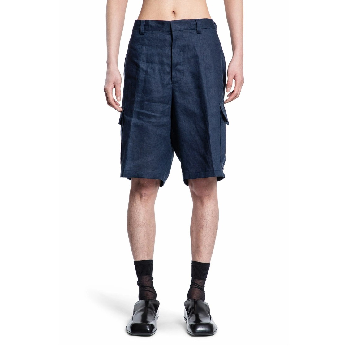 Prada Blue Linen Bermuda Shorts In Blue