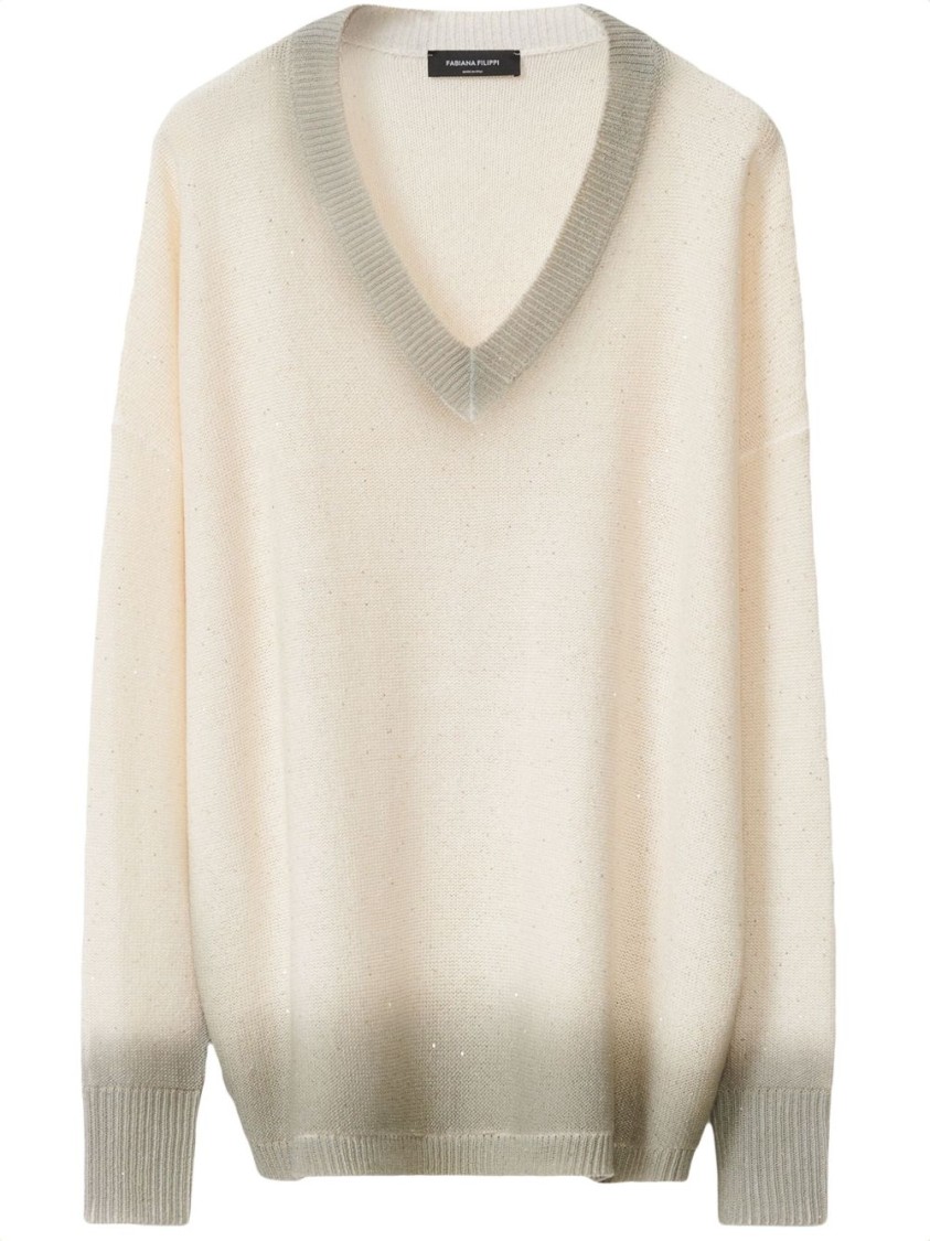 Fabiana Filippi Gradient Effect White Sweater With Deep V-neckline In Neutral