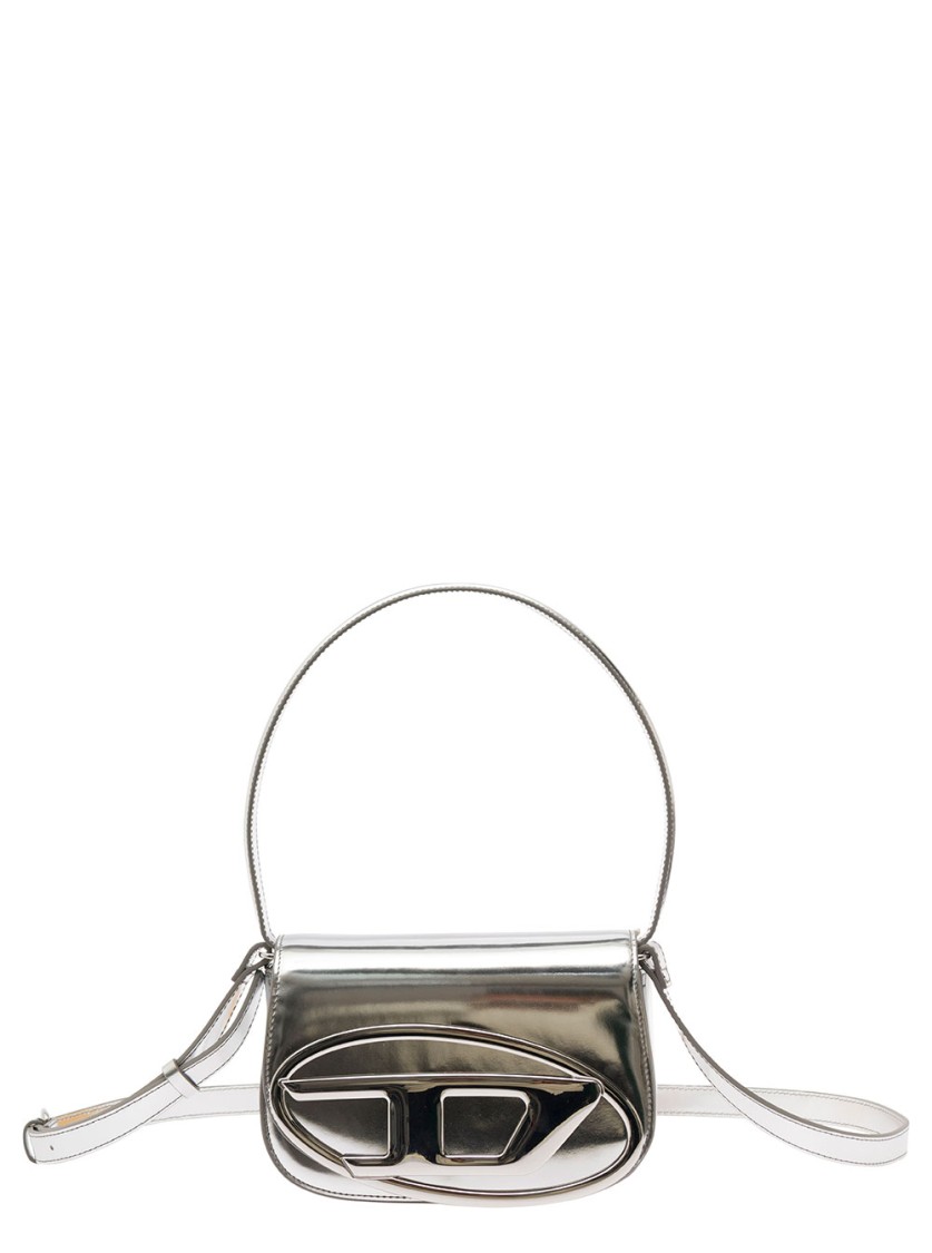Diesel 1dr Silver-tone Shoulder Bag With Oval D Patch In Lamintaed Leather Woman In White