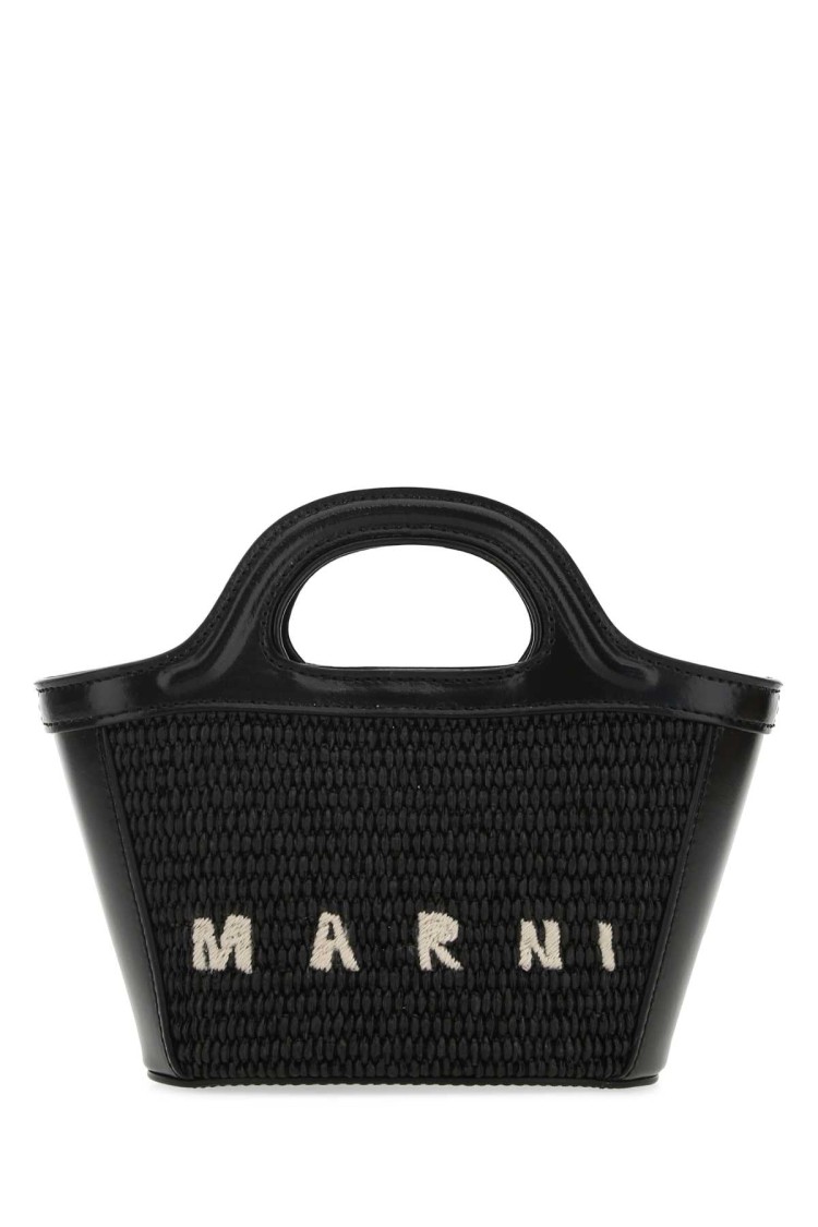 Marni Women Black Leather And Straw Micro Tropicalia Summer Handbag In Black