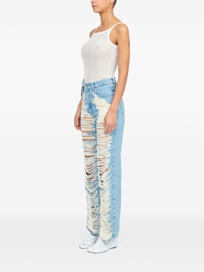 Mm6 Maison Margiela Mm6 By Maison Margiela Distressed Straight Leg Denim Jeans With White Stitching