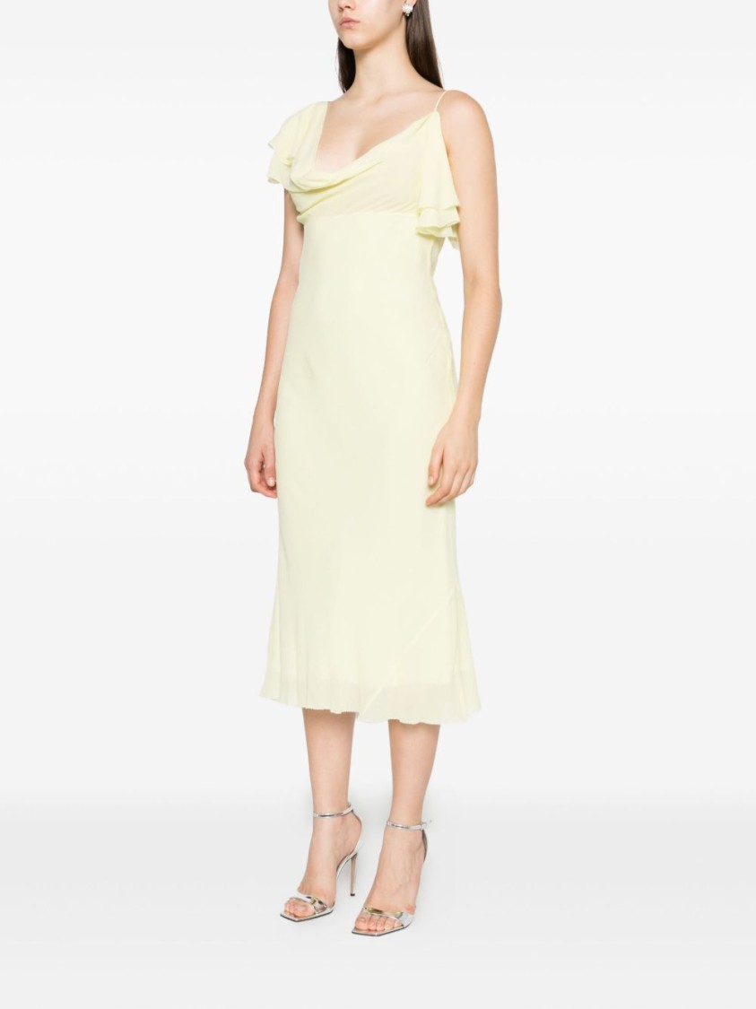 Self-portrait Light Yellow Ruffled Midi Dress With Draped Neckline In Yellow