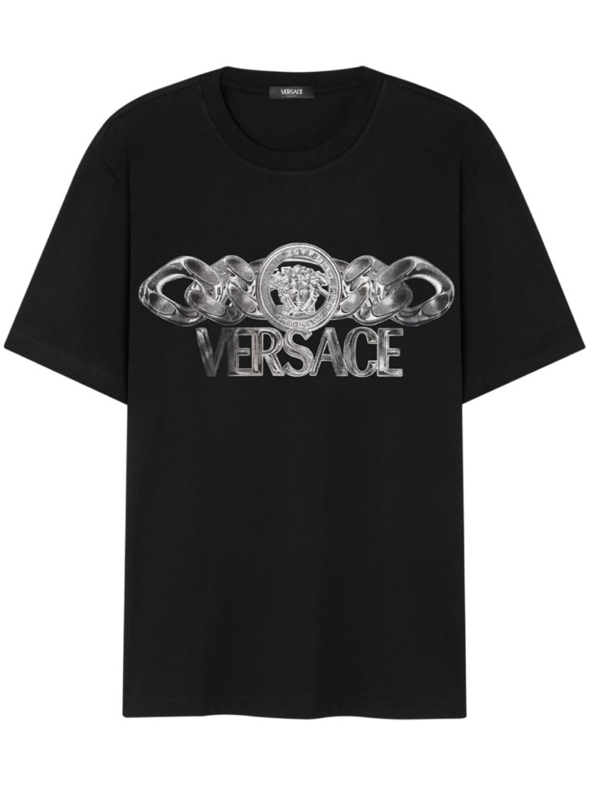 Versace Black T-shirt With Medusa Head Logo Print On The Front In Cotton Man