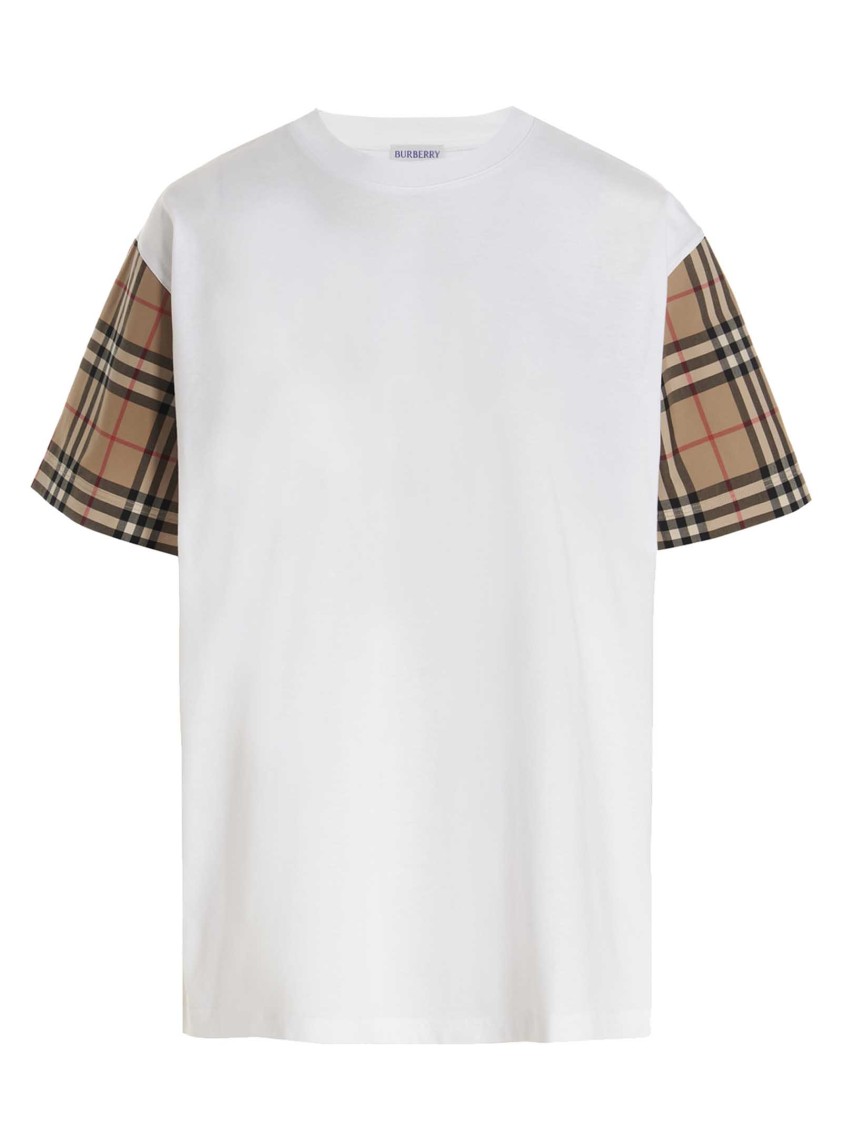 Burberry White T-shirt With Contrasting Check Motif Sleeves In White
