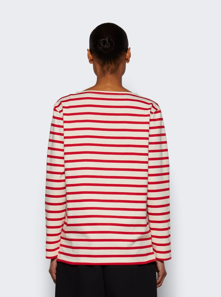 Valentino Striped Cotton Jersey Long Sleeve T-shirt Ivory And Red In Red