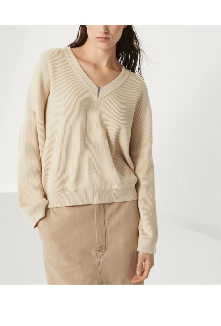 Brunello Cucinelli Light Beige Sweater With Ribbed Details In Brown